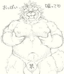 2022 anthro belly big_belly bulge canid canine clothing g_atmosphere goemon_(tas) hi_res japanese_text kemono lifewonders male mammal moobs navel nipples overweight overweight_male raccoon_dog solo tanuki text tokyo_afterschool_summoners tongue tongue_out underwear video_games