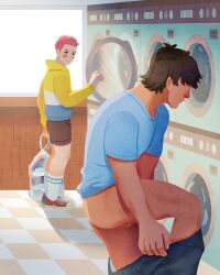 2boys ass black_hair black_pants blue_hoodie blue_shirt blush brown_shorts casual casual_exposure closed_mouth clothes_pull clothing dark-skinned_male dark_skin gaydio_zrong highres hood hood_down hoodie human laundromat laundry looking_at_another male male_focus male_only multicolored_clothes multicolored_hoodie multiple_boys nude original pants pants_pull pink_hair public public_nudity pulled_by_self shirt short_hair shorts testicles undressing washing_machine white_hoodie yaoi yellow_hoodie