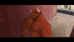 alley background background_character blowjob bull climax cropped d3nji hunter_(toro_buull) ice_xhan mammal nipples oral oral_sex orgasm piercing public public_nudity public_sex red_body red_hair street