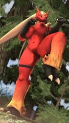 3d_(artwork) 9:16 anthro anus blaziken breasts claws digital_media_(artwork) female fighting_pose generation_3_pokemon genitals hi_res humanoid leather_strap nintendo plant pokemon pokemon_(species) pose pussy shrub sleeping_isotope solo source_filmmaker tree video_games