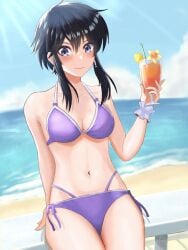 1girls alternate_costume beach bikini black_hair breasts cleavage cup earrings female female female_only fire_emblem fire_emblem:_genealogy_of_the_holy_war highres holding holding_cup jewelry kyata_game larcei_(fire_emblem) looking_at_viewer medium_breasts nintendo ocean outdoors purple_bikini purple_eyes purple_swimsuit short_hair simple_background solo stomach swimsuit thighs tomboy tropical_drink