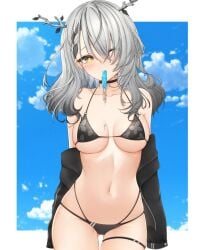 beach beauty_mark bikini bikini_bottom bikini_top ceres_fauna detailed_background grey_hair hair_over_one_eye hololive hololive_english hololive_english_-council- hololive_english_-promise- honon horns one_eye_closed popsicle popsicle_in_mouth popsicle_melting single_braid swimsuit swimwear taking_clothes_off two_piece_swimsuit virtual_youtuber wink winking_at_viewer yellow_eyes