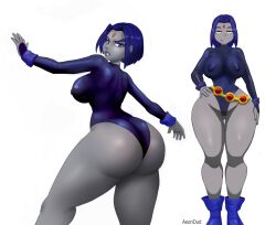 1girls aeondud alternate_version_available back_view belt big_ass big_breasts big_butt boots dat_ass dc dc_comics fat_ass female female_focus female_only leotard nipple_bulge purple_hair rachel_roth raven_(dc) rear_view superheroine teen_titans thick_thighs white_background wide_hips