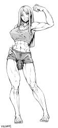 1futa abs armpits balls black_and_white breasts clothed clothing flaccid full_body futa_only futanari girl_abs greyscale human monochrome mostly_clothed muscular muscular_futanari penis penis_out solo standing vulanve