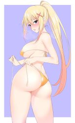 1girls adjusting_clothes adjusting_swimsuit ass big_ass big_breasts bikini blonde_hair blue_eyes blush breasts busty darkness_(konosuba) fat_ass from_behind hair_ornament heavy_breathing kippuru kono_subarashii_sekai_ni_shukufuku_wo! large_breasts long_hair open_mouth orange_bikini ponytail sensual side-tie_bikini_bottom sideboob sidelocks solo swimsuit very_long_hair x_hair_ornament