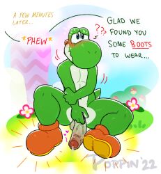 anthro balls blush bodily_fluids boots boots_only clothing dialogue english_text erection flower footwear footwear_only foreskin genital_fluids genitals heart hi_res humanoid_genitalia humanoid_penis male male_only mario_(series) mostly_nude nintendo outside penis plant poppin precum question_mark sitting solo super_mario_bros. sweat sweatdrop text uncut vein veiny_penis video_games yoshi