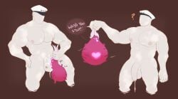 ambiguous_gender balls big_balls big_dom_small_sub big_pecs big_penis bodily_fluids cum dialogue dominant duo excessive_cum excessive_genital_fluids faceless_character faceless_human genital_fluids genitals hi_res himerosthegod human humanoid inflation inflation living_condom male male/ambiguous mammal milkman muscular not_furry onomatopoeia pecs penetration penis ridiculous_fit simple_background size_difference sound_effects text the_milkman_(himeros) unknown_species vitiligo xana_(himeros)