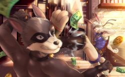 anthro ass bystander clothing collar duo exposed_chest feet fight flinch flinching foot_fetish foot_focus foot_in_face foot_on_face foot_on_head hi_res kick ktorazi lagomorph leporid looter_(meeper23) male male/male mammal mask money procyonid public rabbit raccoon soles teeth teeth_showing toes underwear vader_(introvertedpooch)