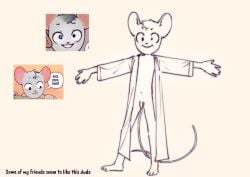 baggy_clothing clothing emellond genitals hi_res line_art looking_at_viewer male mammal miki_mokk mouse murid murine on_one_leg penis rodent smile smug solo speech_bubble standing t-pose