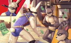 anthro ass broken_window bystander clothing collar duo exposed_chest fight hi_res ktorazi lagomorph leporid looter_(meeper23) male male/male mammal mask money procyonid public rabbit raccoon teeth teeth_showing underwear vader_(introvertedpooch)