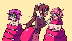 3girls :3 artist_request big_breasts blush bow breasts brown_hair doki_doki_literature_club female female_only hypnosis hypnotic hypnotic_eyes hypnotizing_other lamia monika_(doki_doki_literature_club) multicolored_eyes multiple_girls naked natsuki_(doki_doki_literature_club) nude orange_hair pink_hair pink_scales red_bow sayori_(doki_doki_literature_club) school_uniform smile smiling snake snake_girl uniform white_bow yellow_background