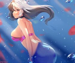 back black_hair bubbles colored_background fish hair long_hair mermaid mermaid_tail murmaider painted_background partially_clothed pink_bra red_eyes seradoa shoulder_blades side_view sideboob split-color_hair twitch twitch.tv underwater virtual_youtuber vtuber wavy_hair white_hair