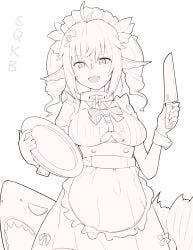 boob_window breasts chained_collar collar cuff_links eyebrows_visible_through_hair eyelashes hair hair_between_eyes hair_ornament indie_virtual_youtuber knife large_breasts looking_at_viewer maid maid_headdress maid_outfit mermaid murmaider open_mouth plate shi_qi_kuang_beng twin_drills twitch twitch.tv uncolored underboob_cutout virtual_youtuber vtuber