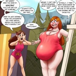 2girls bbw beanystalk belly big_belly big_breasts breasts cleavage dialogue fat female gravity_falls imminent_vore implied_vore large_breasts mabel_pines nervous one_piece_swimsuit overweight red_hair sweat text vore wendy_corduroy