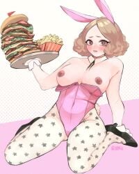 areola areolae artist_request atlus big_breasts blush breasts breasts_out brown_eyes brown_hair bunny_ears bunnysuit burger curly_hair embarrassed erect_nipples exposed_breasts floofy_hair fluffy_hair french_fries fries haru_okumura holding holding_food holding_plate kneeling leggings looking_at_viewer messy_hair nervous nervous_face on_ground on_knees persona persona_5 sega shy teeth thick_thighs thighs wavy_hair white_legwear