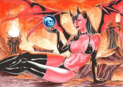 1girls big_breasts black_elbow_gloves black_gloves black_hair blue_eyes blue_sclera chaos_comics curvaceous curvy_body curvy_female curvy_figure demon_girl demon_horns demon_wings ed_benes_studio elbow_gloves fire floating_skull gloves horn horns latex_gloves latex_thighhigh_boots latex_thong long_hair looking_at_viewer no_pupils purgatori red_hair rubismar_da_costa sadistic seductive_look signature skull solo_female voluptuous voluptuous_female wings