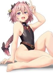 armor armpits astolfo_(fate) bare_shoulders braided_hair braided_ponytail fate/apocrypha fate/grand_order fate_(series) femboy hairbow jtleeklm looking_at_viewer pink_eyes pink_hair posing sitting solo tagme thick_thighs thighs white_fur