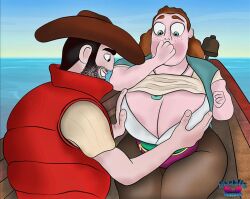 1male beard big_ass big_breasts black_hair blush boat bra cleavage creature_from_the_lake fanny_pack freckles ginger_hair groping_breasts hand_on_mouth hat looking_at_breasts male_focus shelby_(creature_from_the_lake) sky smiling