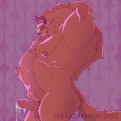 anthro arm_over_head beast_(disney) blue_eyes bodily_fluids fangs foreskin genital_fluids genitals hi_res horn leaking_precum male male_only monster muscular muscular_male penis precum solo the_last_envoy underbite