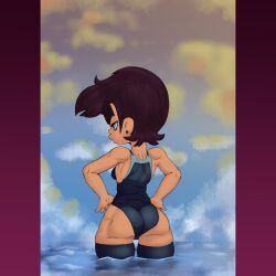 1girls back back_view dark-skinned_female dark_skin disney disney_channel female female_only human in_water legwear luz_noceda peppyrobo smooth_skin solo standing swimsuit swimwear the_owl_house water