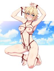 absurdres armpits arms_up bangs barefoot between_labia blonde_hair blue_sky blush bondage bound breasts cloud commentary_request crotch_rope female full_body green_eyes hair_between_eyes highres looking_to_the_side medium_breasts mizuhashi_parsee nipples nose_blush nude one_knee ootsuki_wataru partially_visible_vulva pointy_ears sexy_armpits shiny shiny_hair shiny_skin short_hair sky solo squatting sweat tassel touhou white_background