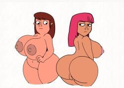 2girls annoyed archer_(clash_of_clans) big_areola brunette caked_up clash_(series) clash_a_rama clash_of_clans edit hand_on_hip huge_ass huge_breasts light-skinned_female looking_at_ass looking_back multiple_girls nut-master pink_hair screencap screenshot screenshot_edit smiling tagme_(artist) thick_ass tummy villager_(clash_of_clans) visible_pussy