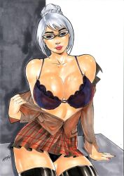 1girls big_breasts curvaceous curvy_body curvy_figure ed_benes_studio fit_female glasses iago_maia latex_thighighs latex_thong looking_at_viewer prison_school red_lipstick school_uniform shiraki_meiko signature solo_female tagme voluptuous voluptuous_female white_hair