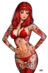 1girls big_breasts curvy curvy_female female female_only human human_only light-skinned_female light_skin long_hair looking_down marvel mary_jane_watson nathan_szerdy red_bikini_bottom red_hair red_lipstick red_stockings signature solo_female spider-man_(series) tagme tattoo_on_belly tattoo_on_chest tattoo_on_legs tattooed_arm tattoos tattoos_everywhere voluptuous_female