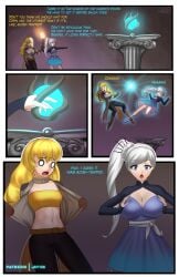 2girls attribute_swap big_breasts comic comic_page dialogue female female_only jay156 rwby small_breasts text weiss_schnee white_hair yang_xiao_long yellow_hair