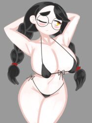 1girls 2d arms_up big_breasts bikini black_bikini black_hair blushing busty color glasses moistcorn one_eye_closed pigtails raised_arm shy solo solo_focus susu-chan white_body white_skin yellow_eyes