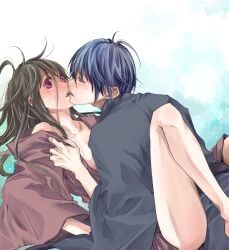 1boy 1boy1girl 1girls assertive assertive_male being_undressed between_legs blue_eyes blue_hair blush blush_lines face-to-face female heavy_blush iki_hiyori kissing legs_up male male/female mouth_to_mouth noragami open_clothes parted_lips straight undressing undressing_another undressing_partner yato_(noragami)