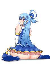 absurdres aqua_(konosuba) ass bare_shoulders beads blue_eyes blue_hair boots detached_sleeves dress female hair_beads hair_ornament hair_rings highres kono_subarashii_sekai_ni_shukufuku_wo! looking_back no_panties short_dress sitting solo thigh_boots thighhighs vaulting_horse wariza white_background yuusha