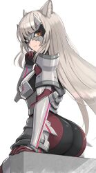 1girls ass ass_focus bodysuit bubble_butt catgirl dat_ass female female_only gonzarez long_hair m_(xenoblade) mask mio_(xenoblade) rear_view skin_tight white_hair xenoblade_(series) xenoblade_chronicles_3