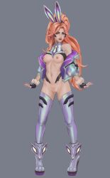 1girls anima_squad_series areolae battle_bunny_miss_fortune battle_bunny_series breasts exposed exposed_breasts exposed_pussy female gloves league_of_legends light-skinned_female light_skin medium_breasts miss_fortune nhuahomm_(artist) nipples nude_female orange_hair pinup pose pussy riot_games slender_legs solo tagme thighs