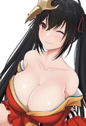 azur_lane bare_shoulders black_hair blush breasts cleavage collarbone female hair_ornament hair_ribbon japanese_clothes kimono large_breasts long_hair looking_at_viewer off_shoulder one_eye_closed parted_lips red_eyes ribbon smile solo taihou_(azur_lane) twintails upper_body vik_(xypt7474)