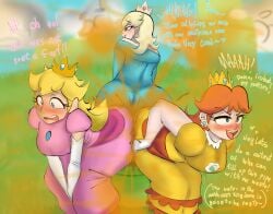 3girls ass_to_ass big_ass big_butt blonde_hair blue_eyes blush brown_hair dress english_text fart fart_cloud fart_everywhere fart_fetish farting female female_only heart looking_pleasured mario_(series) meonsausage multiple_girls nintendo open_mouth pipes princess_daisy princess_peach princess_rosalina shart smile super_mario_bros. sweat text warp_pipe