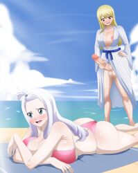 1futa 1girls ass bathrobe beach big_breasts big_penis bikini blonde_hair breasts clothed clothing clueless commission commissioner_upload duo ed-jim erection fairy_tail female futa_on_female futa_with_female futanari human imminent_sex light-skinned_female light-skinned_futanari light_skin long_hair lucy_heartfilia lying_on_stomach mirajane_strauss mostly_clothed mostly_nude on_stomach penis pink_panties silver_hair standing stroking stroking_penis towel whentai white_skin