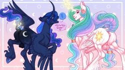 <3 16:9 abstract_background accessory alicorn animal_genitalia animal_penis ass assisted_exposure balls black_body black_fur blue_body blue_fur blush brother brothers butt crossgender curved_horn cutie_mark darkened_genitalia dialogue dock duo embarrassed equid equine equine_penis erection ethereal_hair exclamation_point feral fetlocks floppy_ears folded_wings friendship_is_magic fur genitals girly gradient_background hair hair_accessory hasbro heart hi_res hooves horn horse incest jewelry long_hair looking_back magic male male/male mammal moon multicolored_hair my_little_pony open_mouth penis perineum pink_penis pony presenting princess_celestia_(mlp) princess_luna_(mlp) raised_leg raised_tail rear_view rule_63 sibling signature simple_background size_difference snowberry sparkles speech_bubble spread_legs spreading sun teasing teeth telekinesis tongue underhoof white_body widescreen winged_unicorn wings yaoi