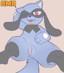 anomorashiaccount anthro ass clitoris female flat_chested generation_4_pokemon genitals hi_res nintendo nude one_eye_closed pokemon pokemon_(species) pussy red_eyes riolu solo spread_legs spreading video_games wink