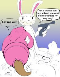 ambiguous_gender ambiguous_prey anthro balls big_balls big_penis cock_vore dialogue english_text firearm genitals group gun handgun huge_balls huge_cock hyper hyper_balls hyper_genitalia hyper_penis lagomorph luger_p08 male mammal max_(sam_and_max) multiple_prey penile penis ranged_weapon roco sam_and_max smile solo_focus standing_on_balls struggling_prey text unwilling_prey vore weapon