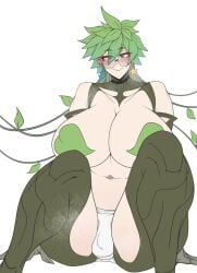 1futa blush breasts bulge cleavage clothed clothing dzlily flaccid futa_only futanari green_hair huge_breasts human kii_(monster_musume) light-skinned_futanari light_skin looking_at_viewer monster_girl monster_musume_no_iru_nichijou mostly_nude panties pasties revealing_clothes round_glasses sitting solo solo_futa steam