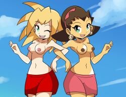 2girls boy_shorts breasts capcom datwondoude female female_only half_nude mega_man mega_man_legends mound_of_venus multiple_girls naked nipples roll_caskett tagme tron_bonne