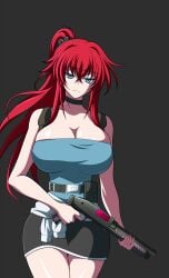 anime_style big_breasts blue_eyes breasts color colored cosplay demon_girl female female_only gun hallway high_school_dxd holding_gun holding_shotgun huge_breasts jill_valentine_(cosplay) large_breasts miniskirt oldhorrorz red_hair rias_gremory shotgun sweater sweater_around_waist top tube_top tubetop