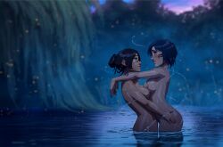 2girls asian asymmetrical_docking blurry_background blush breasts dark_hair female female_only hands_on_another's_hips hi_res human interracial lake light-skinned_female multiple_girls night nipples nude nude_female original outside romantic short tied_hair water wholesome yuri zed_edge