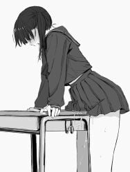 animated blush commentary_request crotch_rub excessive_pussy_juice female female_masturbation grey_background greyscale highres long_sleeves masturbation monochrome open_mouth original pussy_juice sakenomi_akane saliva school_uniform serafuku simple_background skirt solo table table_humping thrusting_hips