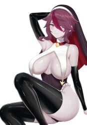 arm_up armpits ass bare_shoulders black_headwear black_thighhighs blush breasts cleavage closed_mouth commentary detached_sleeves english_commentary female genshin_impact hair_over_one_eye highres large_breasts long_sleeves looking_at_viewer medium_hair nun purple_eyes purple_hair rosaria_(genshin_impact) sideboob simple_background smile solo thighhighs thighs vik_(xypt7474) white_background