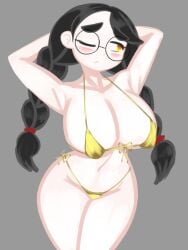 1girls 2d arms_up big_breasts bikini black_hair blushing busty color glasses gold_bikini moistcorn one_eye_closed pigtails raised_arm shy solo solo_focus susu-chan white_body white_skin yellow_eyes