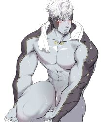 1boy absurdres bara blush colored_skin completely_nude flaccid grey_skin highres lanz_(xenoblade) large_pectorals looking_at_viewer male_focus male_only male_underwear male_underwear_pull muscular muscular_male nude pectorals penis ratsu short_hair simple_background solo towel towel_around_neck underwear undressing white_background white_hair white_male_underwear xenoblade_chronicles_(series) xenoblade_chronicles_3