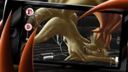 bondage bound bound_hands camera cuff_(restraint) cuffs cum cumming gag gagged male multi_tail ninetales no_humans orange_fur penis pokémon_(species) pokemon pokemon_(species) red_eyes tail tails tearing_up tears yellow_fur