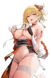 bandage blonde_hair breasts female genshin_impact hi_res japanese_clothes kimono kiriko_(araragikoyomi) large_breasts naughty_face orange_eyes sarashi tongue_out underboob underwear yoimiya_(genshin_impact)